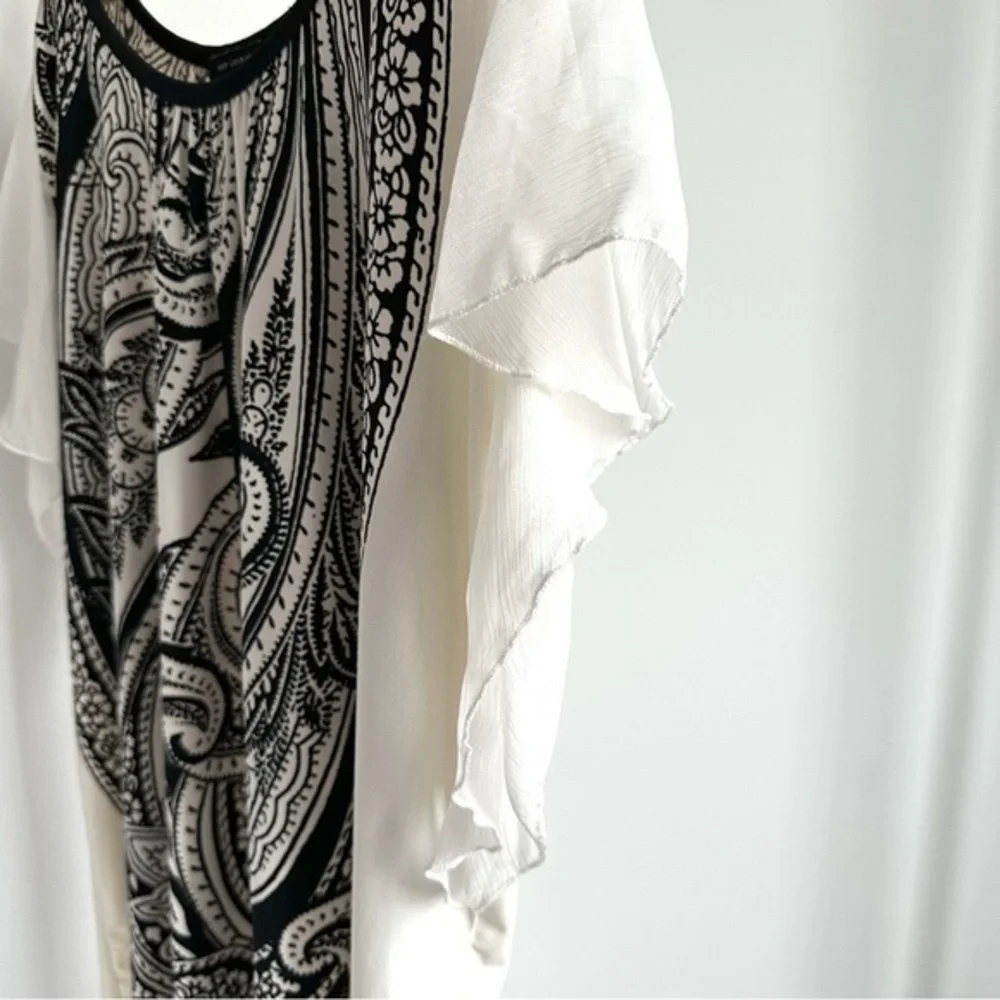 QED London Boho Tunic Top Dress White Black Paisley Flutter‎ Ruffle Sleeves - L - Picture 6 of 14